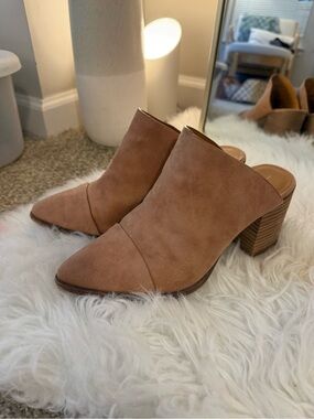 Report Tan Suede Open-Back Block Heel Booties